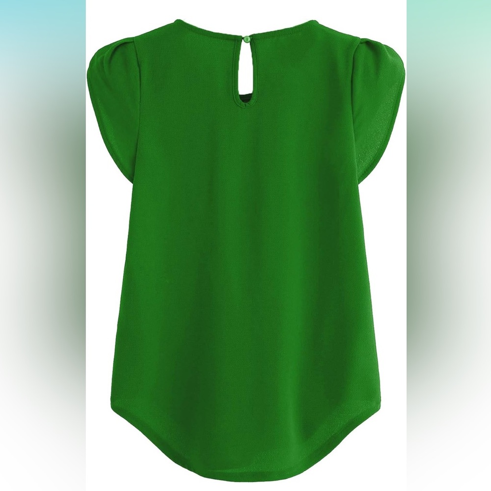 Women's Round Neck Basic Pleated Top Cap Sleeve Curved Keyhole Back Blouse - Picture 2 of 5